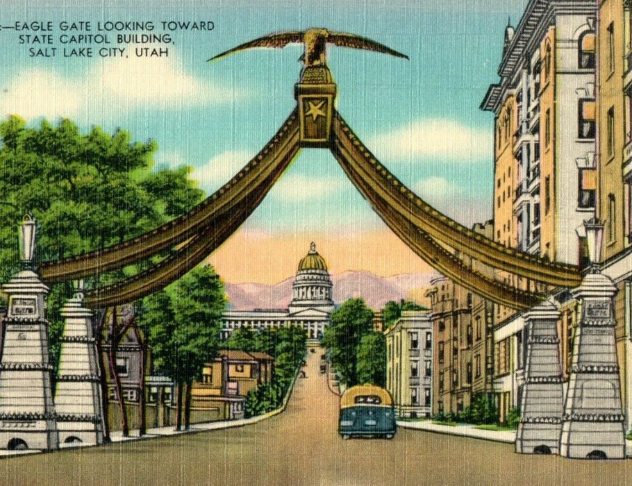 Eagle Gate Looking Toward State Capitol Building Salt Lake City Utah UT Postcard