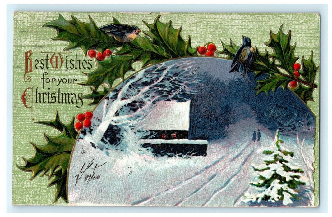 Christmas Snowy Road Embossed 1912 Oakpark Illinois Vintage Antique Postcard