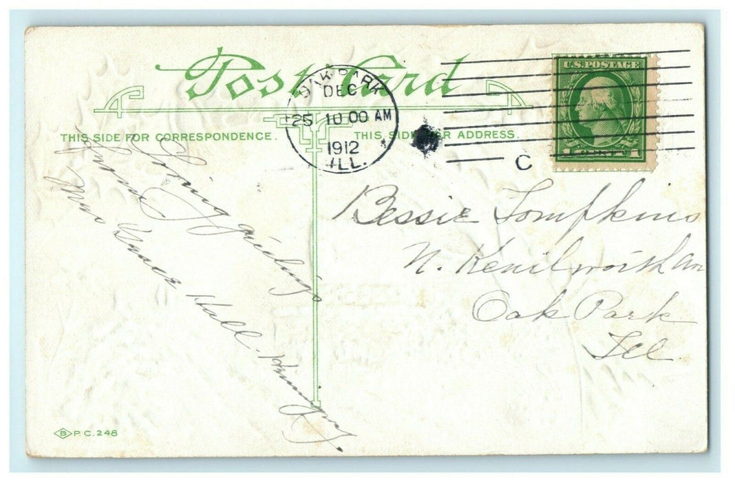Christmas Snowy Road Embossed 1912 Oakpark Illinois Vintage Antique Postcard