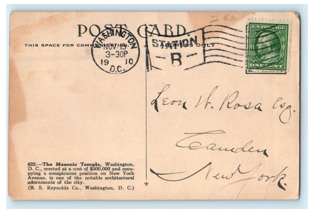 1910 New Masonic Temple Washington DC Posted Antique Cancel Postcard