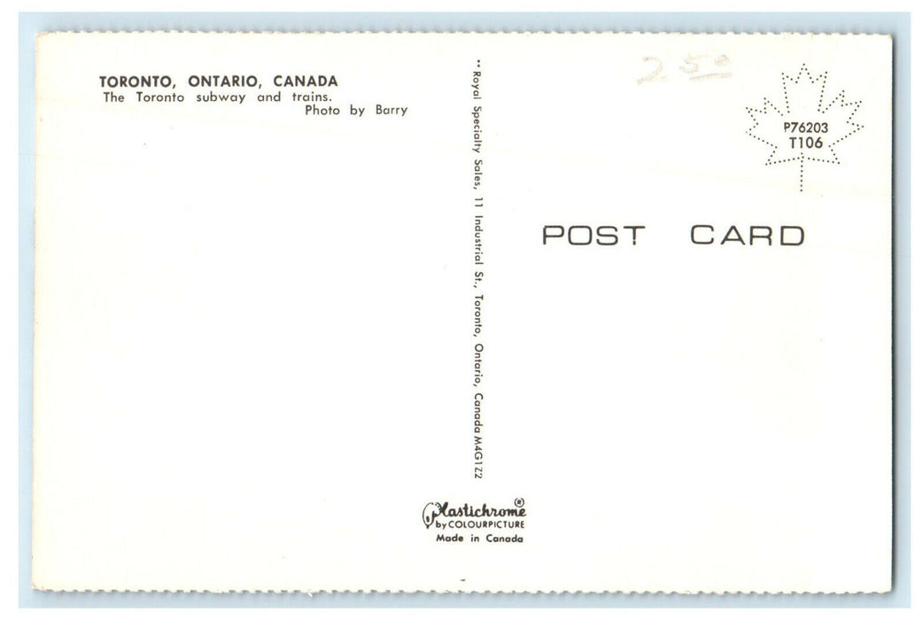 c1970 The Toronto Subway and Trains, Toronto Ontario Canada CA Foreign Postcard