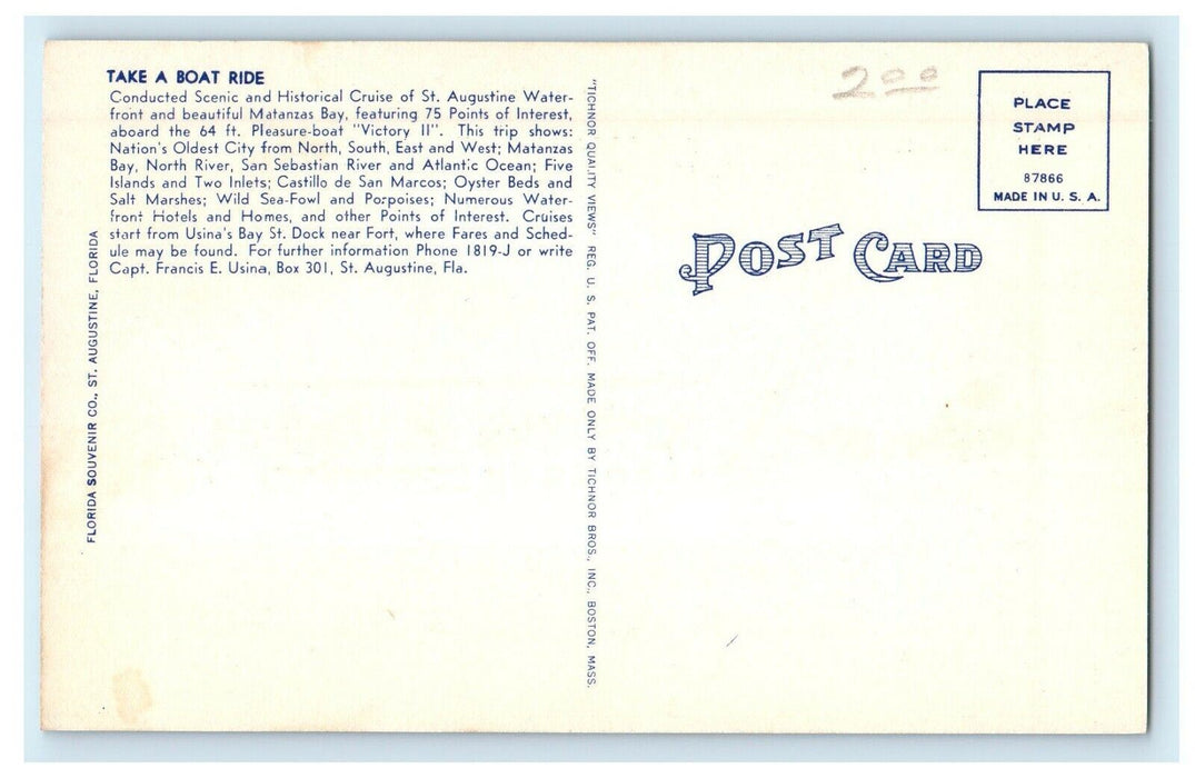 Cruising Down The River Victory II Scenic Cruise Boat St. Augustine FL Postcard