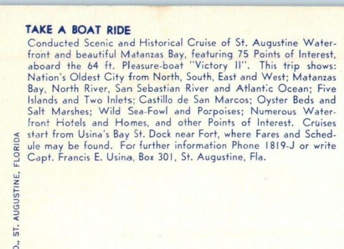 Cruising Down The River Victory II Scenic Cruise Boat St. Augustine FL Postcard