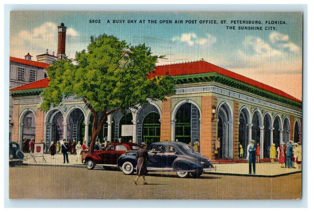 1944 A Busy Day At Open Air Post Office Cars St. Petersburg Florida FL Postcard