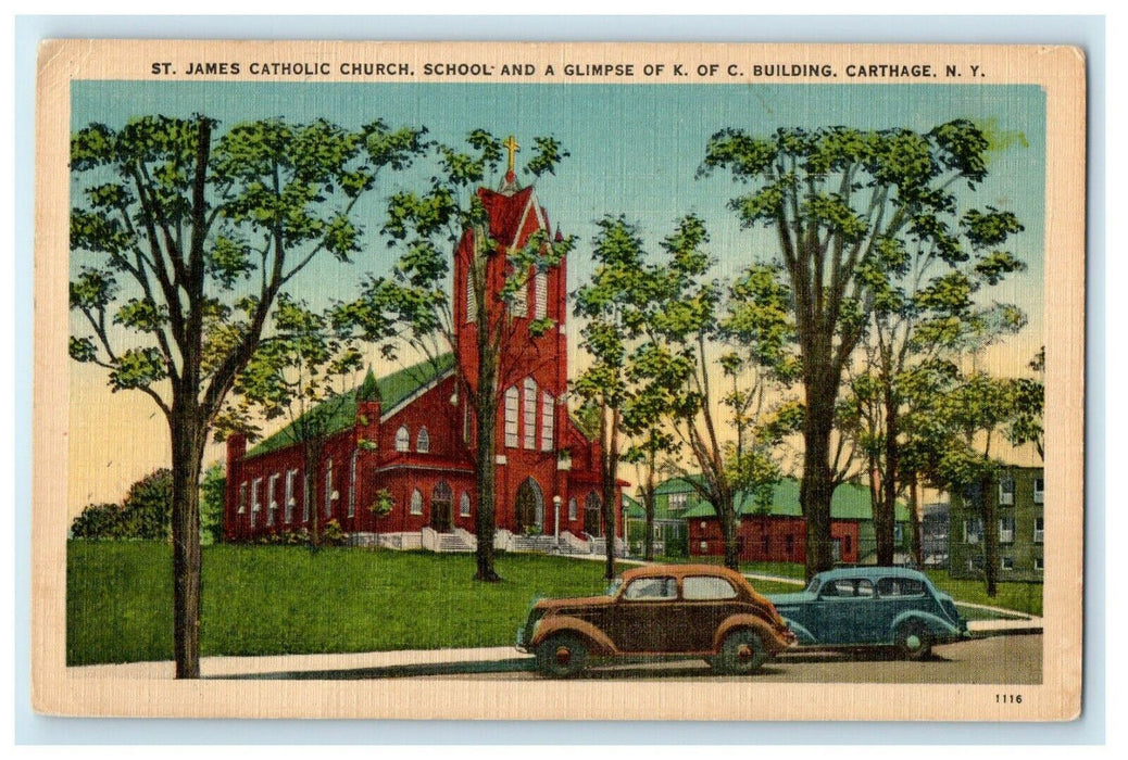 1952 St. James Catholic Church School Glimpse Building Cars Carthage NY Postcard