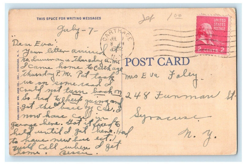 1952 St. James Catholic Church School Glimpse Building Cars Carthage NY Postcard