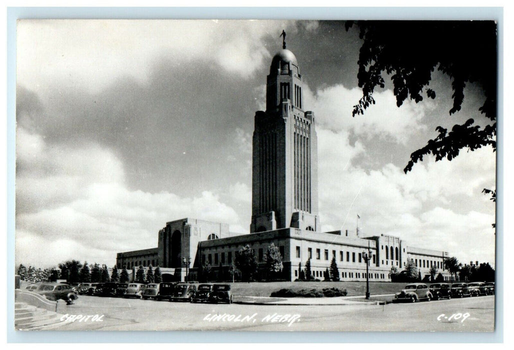c1940's Lincoln Nebraska NE Capitol Court House Classic Cars RPPC Photo Postcard