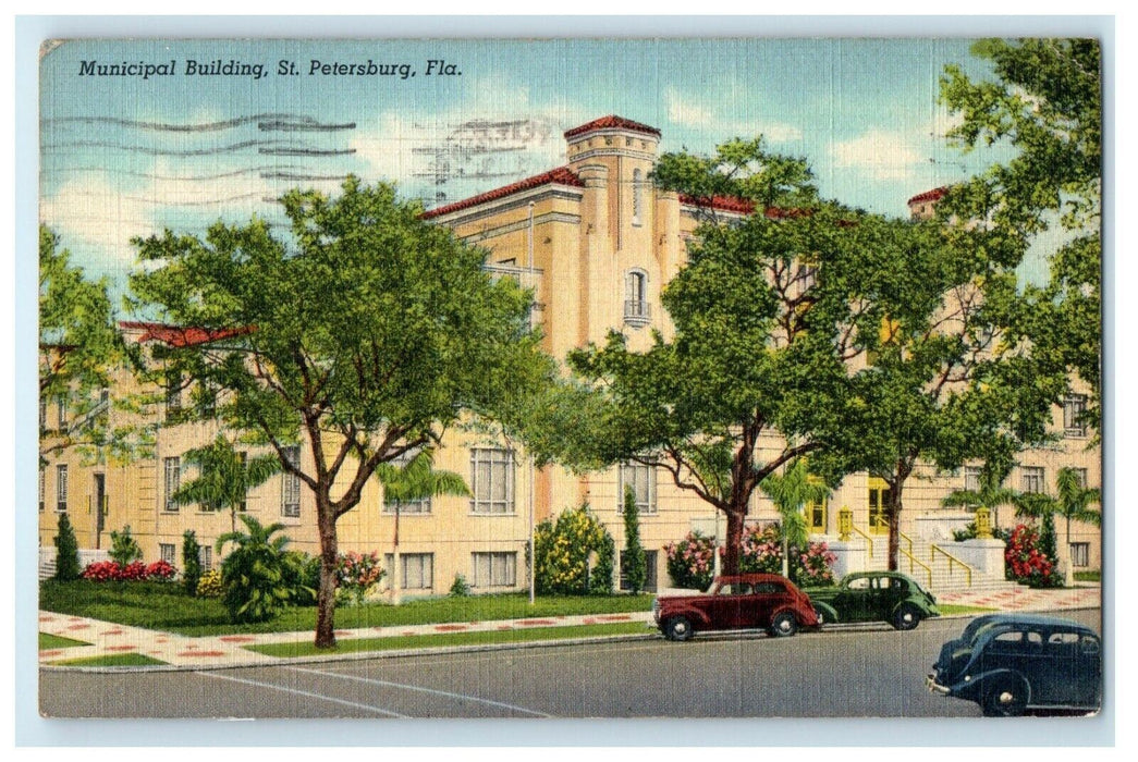 1942 Municipal Building Street View Cars St. Petersburg Florida FL Postcard