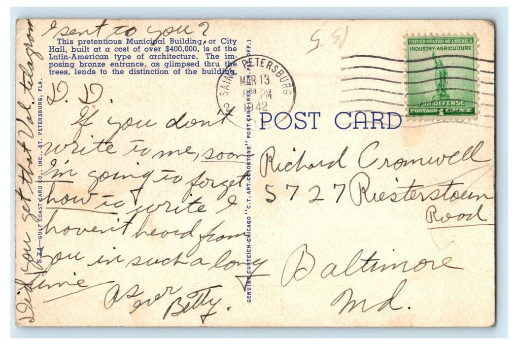 1942 Municipal Building Street View Cars St. Petersburg Florida FL Postcard