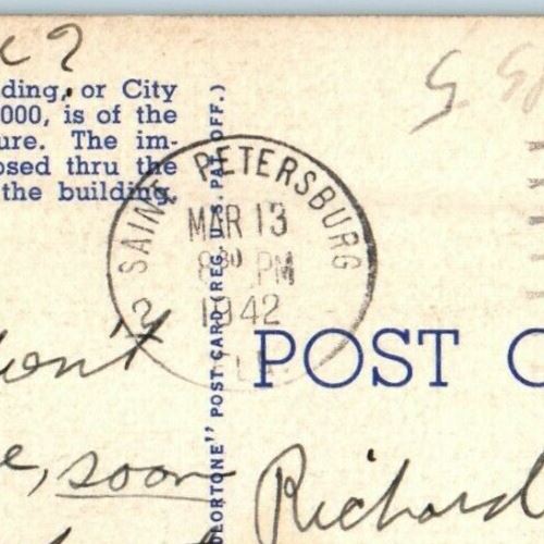 1942 Municipal Building Street View Cars St. Petersburg Florida FL Postcard