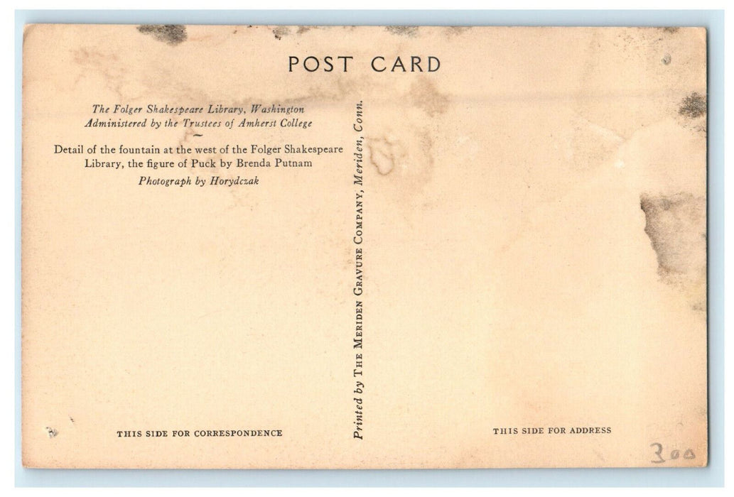 c1920s The Figure of Puck, Folger Shakespeare Library Washington DC Postcard