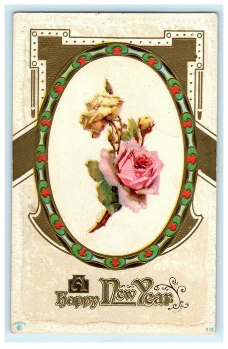 P. Sander Roses Art Nouveau Gold New Year 1915 Embossed Vintage Antique Postcard