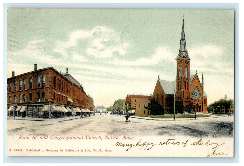 1909 Main St. And Congregational Church Natick Massachusetts MA Antique Postcard