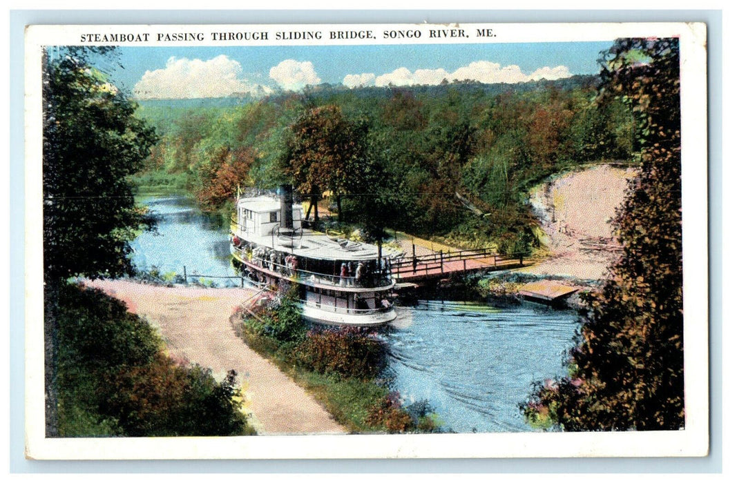 1921 Steamboat Passing Through Sliding Bridge, Songo River Maine ME Postcard