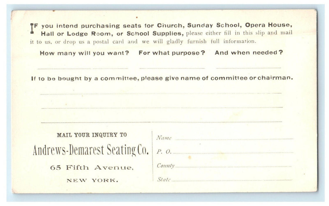 c1920s Andrews Demarest Seating Company New York City NY Advertising Postcard