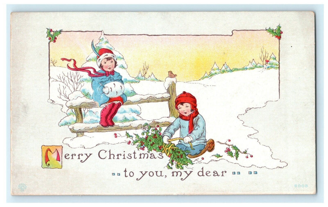 Christmas Bergman Girls 1917 Holly Embossed Vintage Antique Postcard