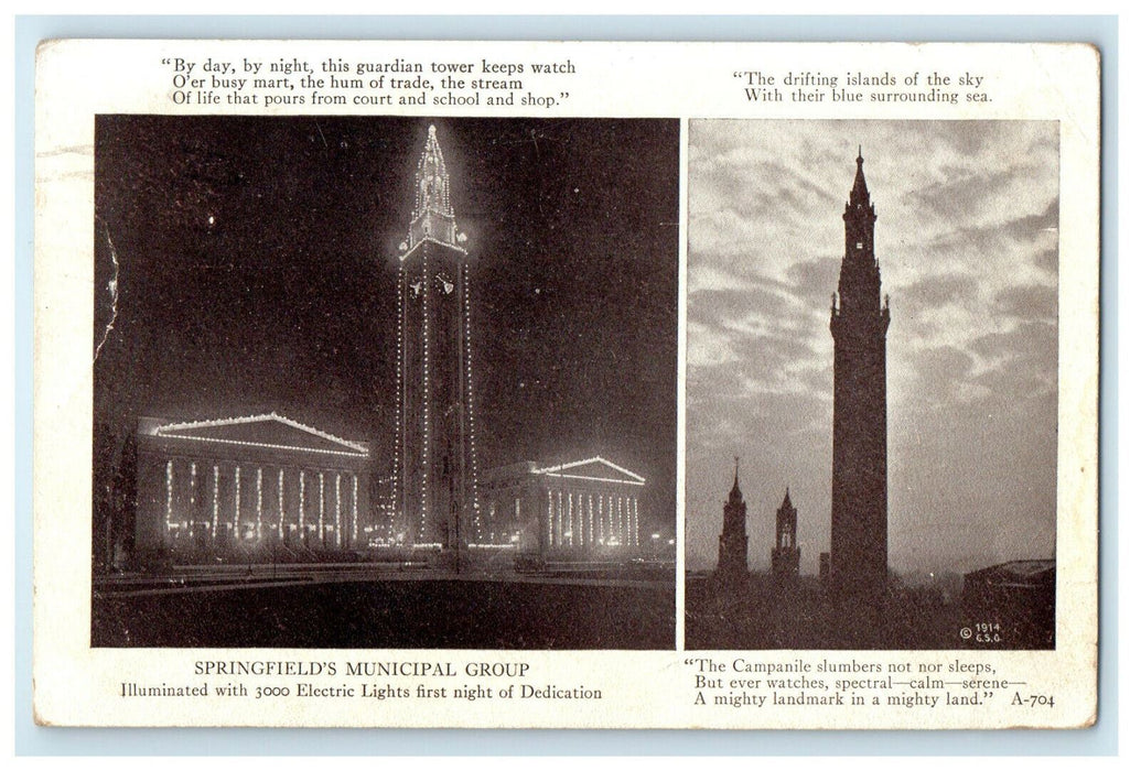 1920 Night Scene, Springfield Municipal Group Massachusetts MA Posted Postcard