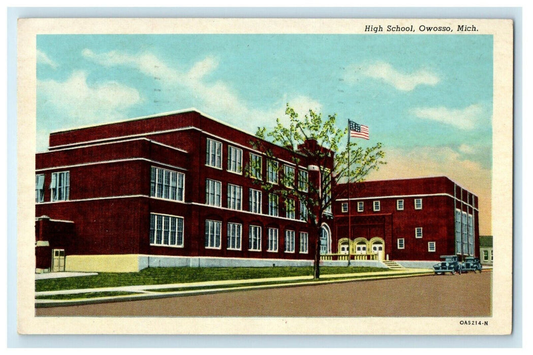 1957 High School Building Street View Cars Owosso Michigan MI Vintage Postcard