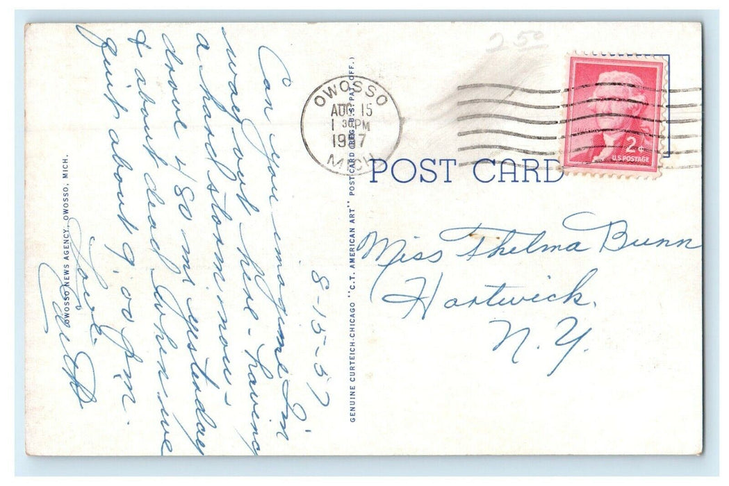 1957 High School Building Street View Cars Owosso Michigan MI Vintage Postcard