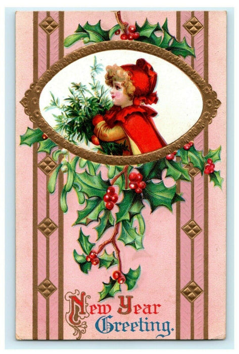 New Year's Girl with Bouquet Gold Embossed c1910 Vintage Antique Postcard