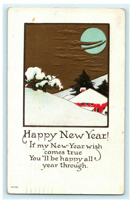 Happy New Year Embossed Snow Scene Moon Hastings Nebraska 1921 Antique Postcard