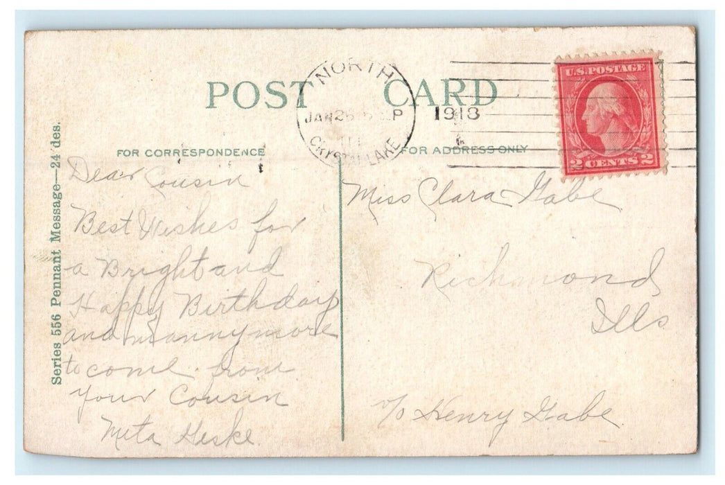 1918 A Greeting Hand at Crystal Lake, Illinois IL Antique Postcard