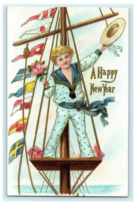 Young Sailors Nautical New Year c1910 Gold Embossed Vintage Antique Postcard