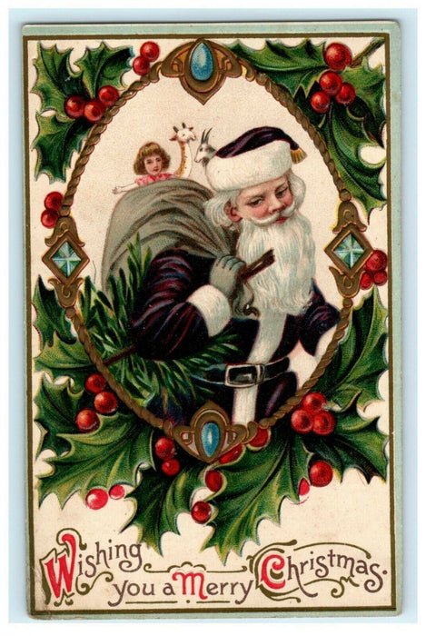 Christmas Old World Santa Giraffe Mauve Purple Robe Embossed c1910 Postcard