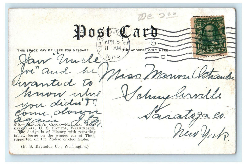 1909 Franzoni's Clock National Statuary Hall US Capitol Washington DC Postcard