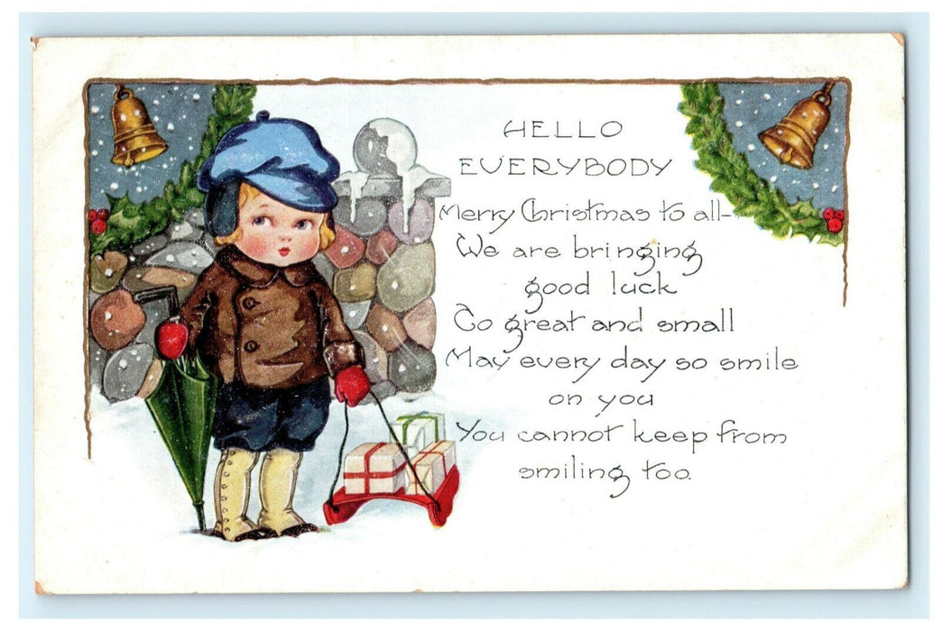 Christmas Whitney Sled with Toys Child 1920 Embossed Vintage Antique Postcard
