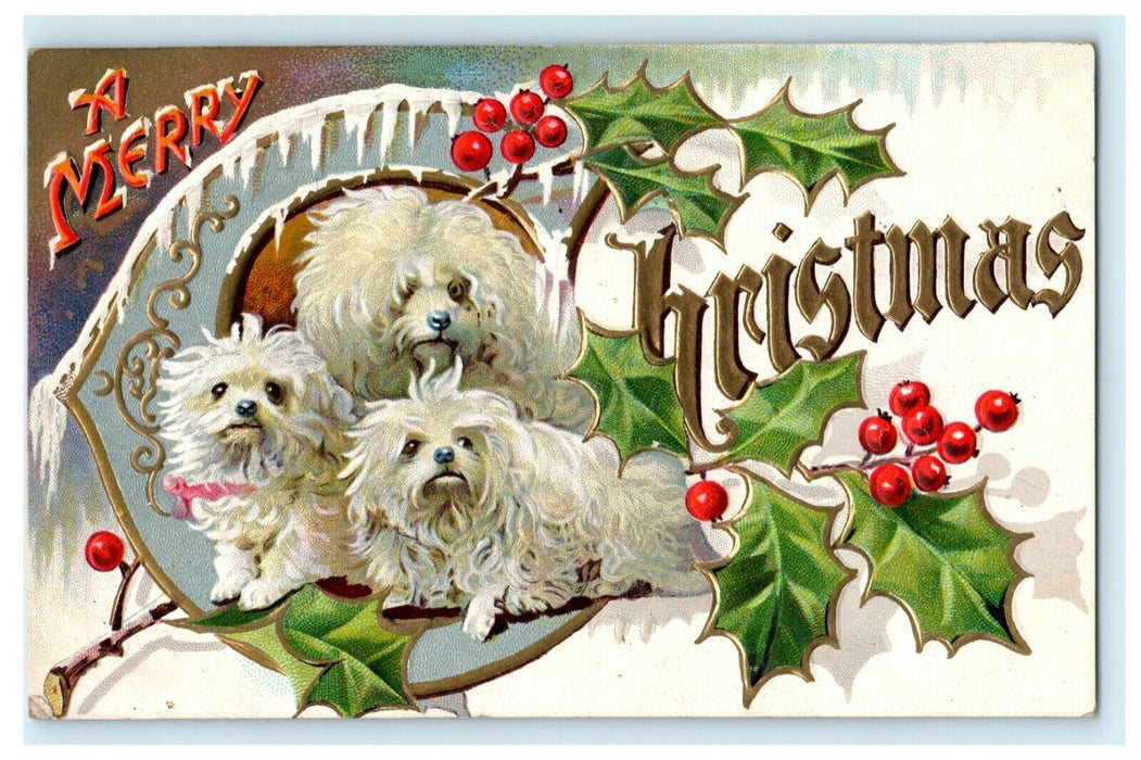 English Sheepdog Merry Christmas Gold Embossed c1910 Vintage Antique Postcard