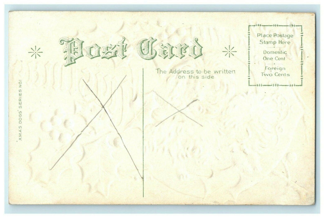 English Sheepdog Merry Christmas Gold Embossed c1910 Vintage Antique Postcard
