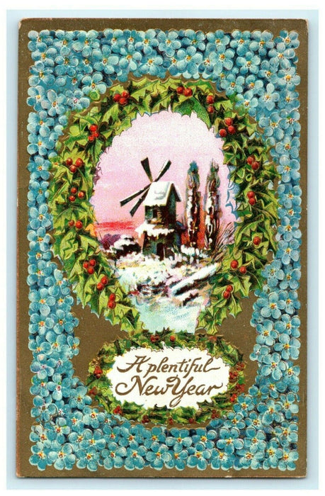 New Year's Windmill Wreath Germany 1909 Embossed Vintage Antique Postcard