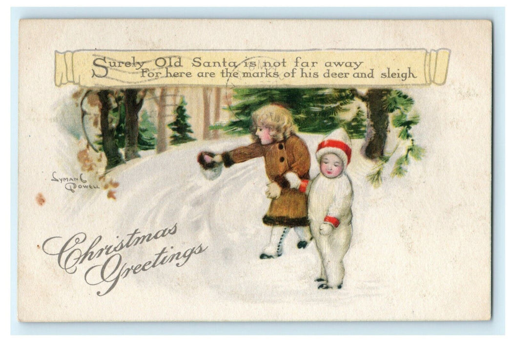 Christmas Syman Powell Children Snow Suit 1916 Adams NY Vintage Antique Postcard
