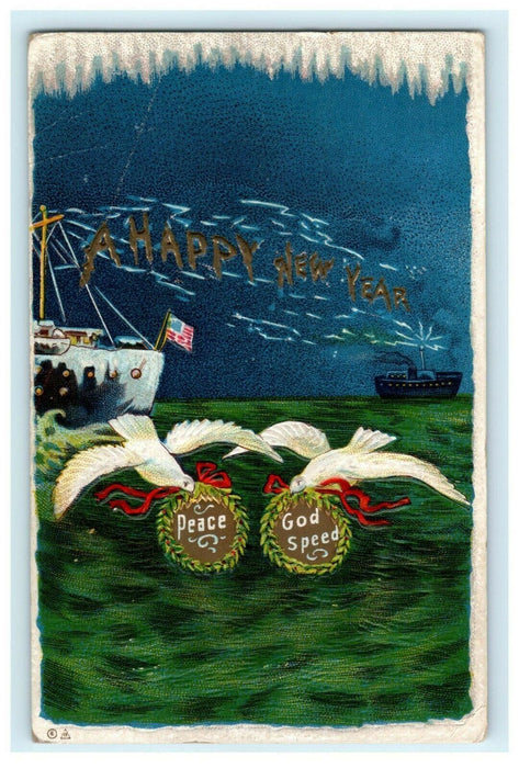 Nash New Year WW1 Peace Doves Ships American Flag 1916 Radio Nautical Postcard