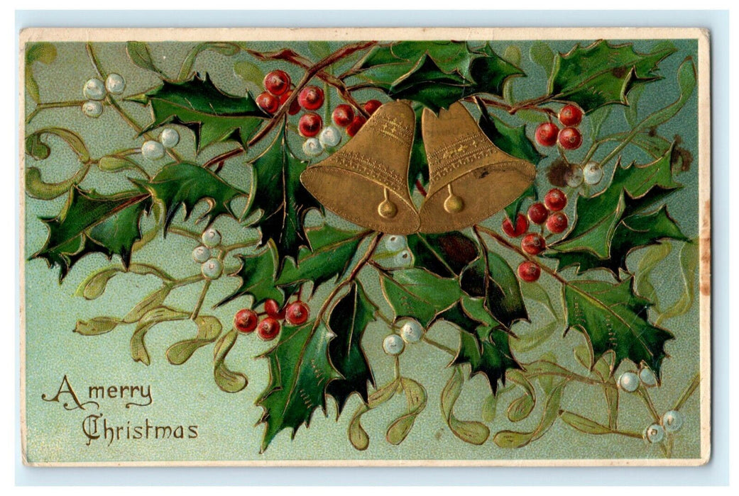 Merry Christmas Bells Holly Gold Germany c1910 Embossed Vintage Antique Postcard