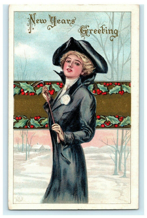 J Herman New Year's Victorian Woman Gold Embossed c1910 Vintage Antique Postcard
