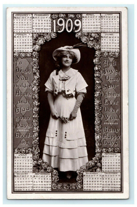 New Year's Calendar Victorian Girl Hat 1908 RPPC Photo Vintage Antique Postcard