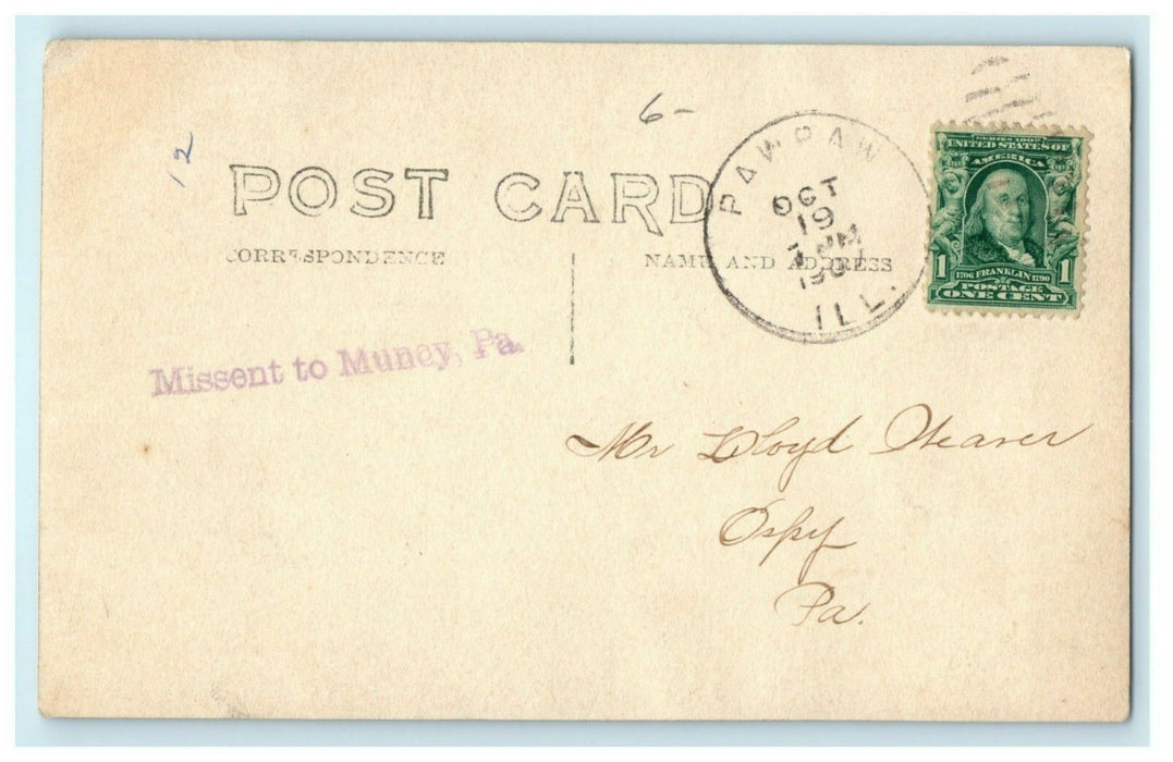 Missent Muney PA Pawpaw Illinois Street RPPC Photo 1907 Vintage Antique Postcard