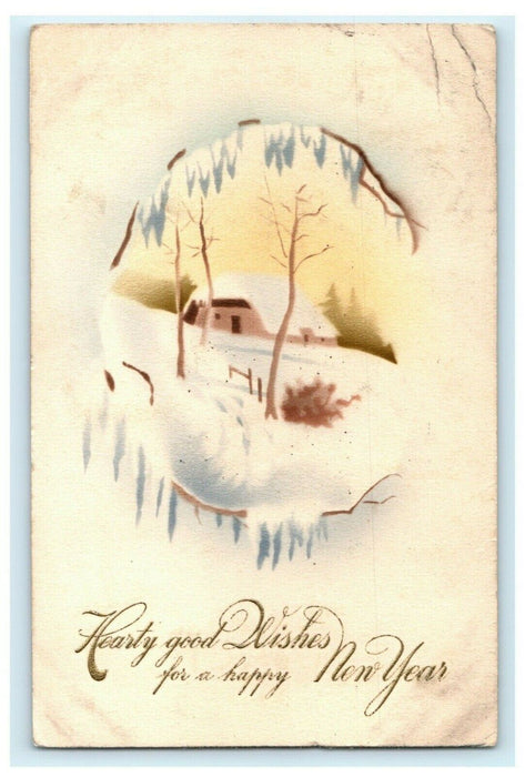 New Year's Embossed Gold c1910 Cottage Germany Vintage Antique Postcard