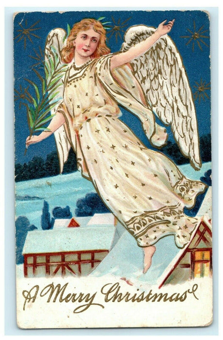 Beautifully Embossed Christmas Angel Stars Germany 1908 Vintage Antique Postcard