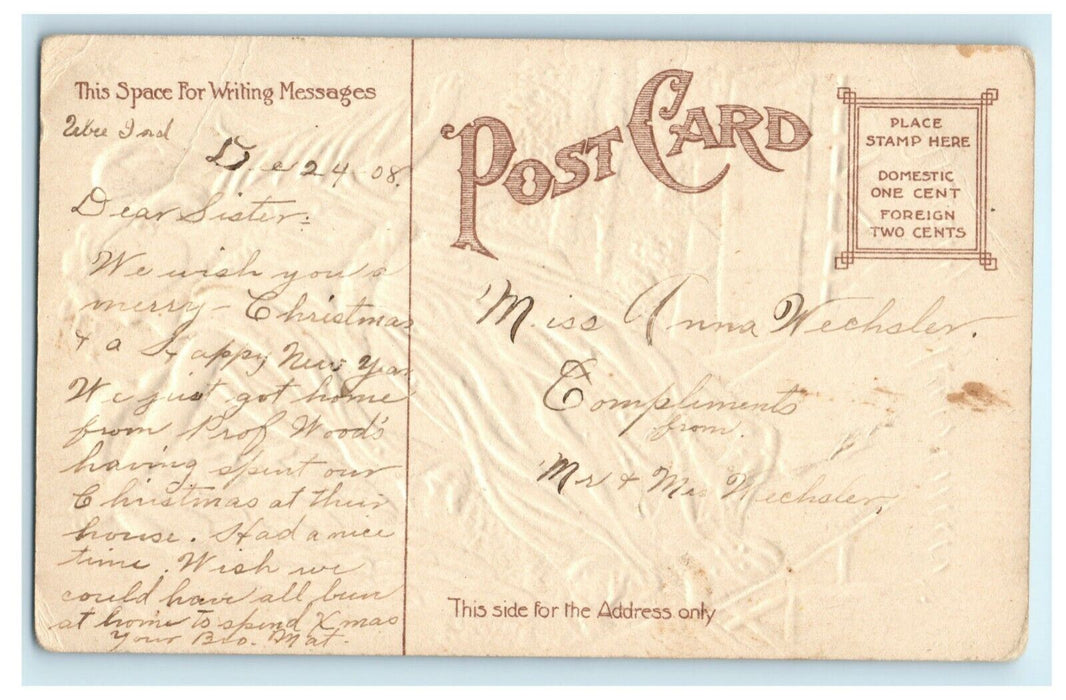 Beautifully Embossed Christmas Angel Stars Germany 1908 Vintage Antique Postcard