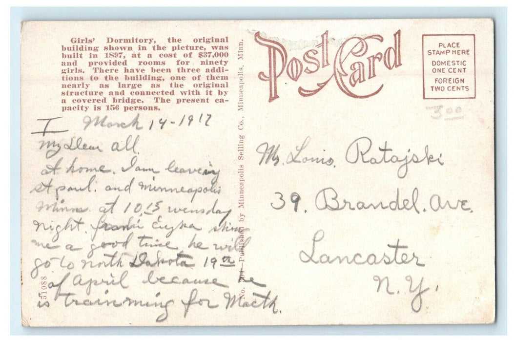 1912 Girls Dormitory University Farm St. Paul Minnesota MN Antique Postcard