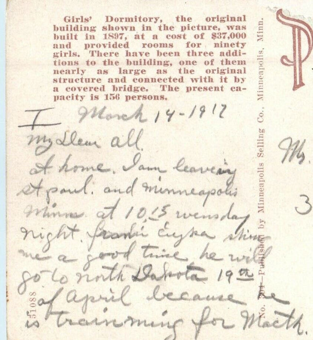 1912 Girls Dormitory University Farm St. Paul Minnesota MN Antique Postcard