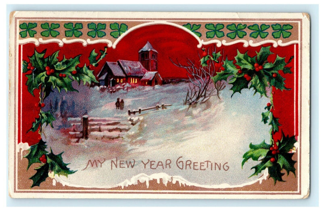 New Year's Gel 1905 Clover Holly Portland New York Vintage Antique Postcard