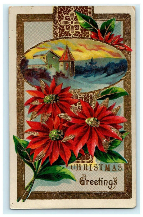 Poinsettia Gel Christmas 1919 Germany Gold Embossed Vintage Antique Postcard