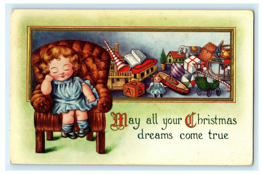 Christmas Girl La-Z-Boy Elephant Gold Presents c1915 Vintage Antique Postcard