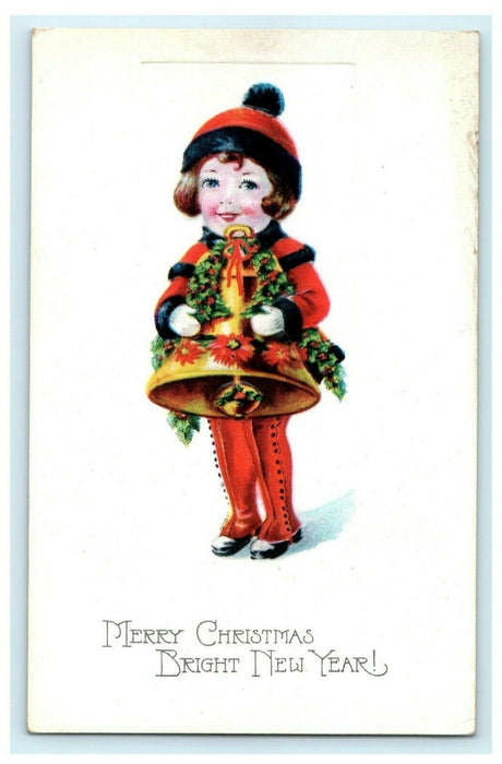 Christmas Girl Holding Bell New Year's c1910 Vintage Antique Postcard