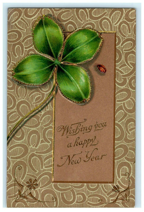 New Year Lucky Clover Horseshoe 1907 Lady Bug Embossed Vintage Antique Postcard