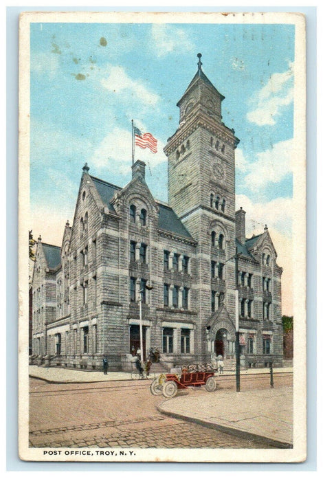1918 View Of Post Office Building Street View Car Troy New York NY Postcard